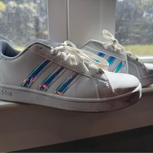 Adidas White Sneakers with Iridescent Blue Stripes